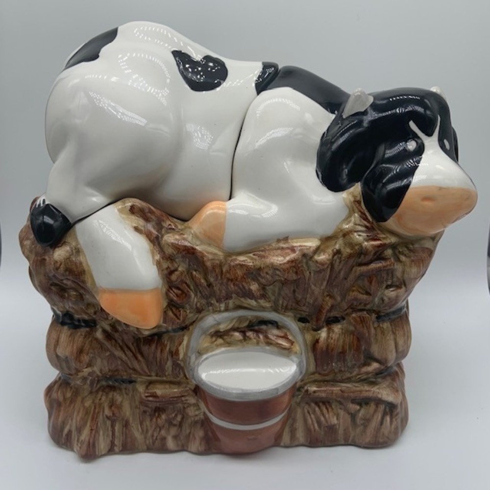 Vintage CKAO Cow Cookie Jar Ceramic Black White Farmhouse Country Kitchen Decor